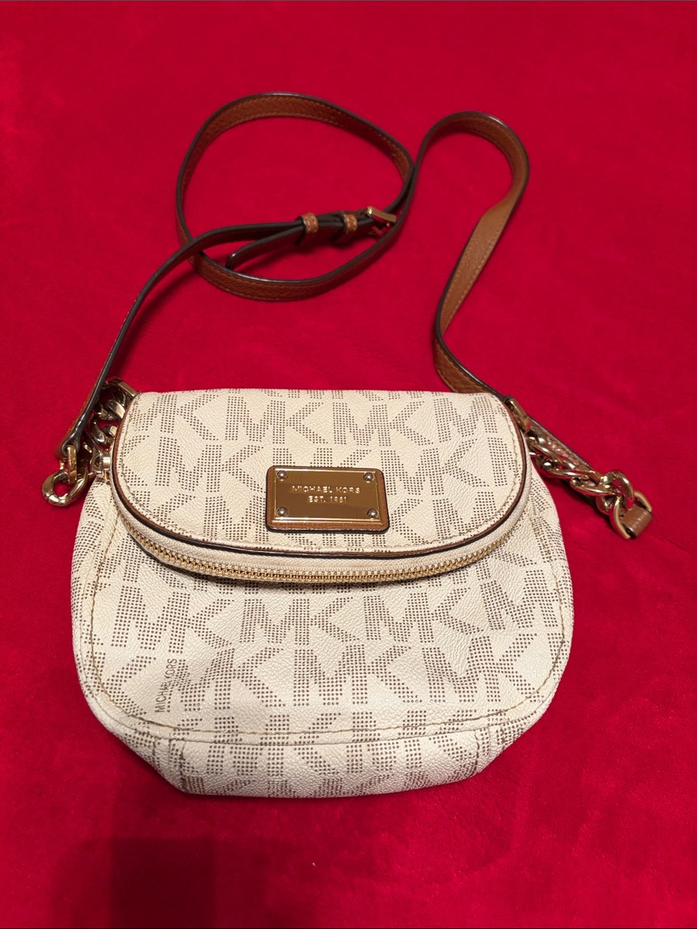 Michael Kors Beige/White Logo Crossbody with Brown Strap